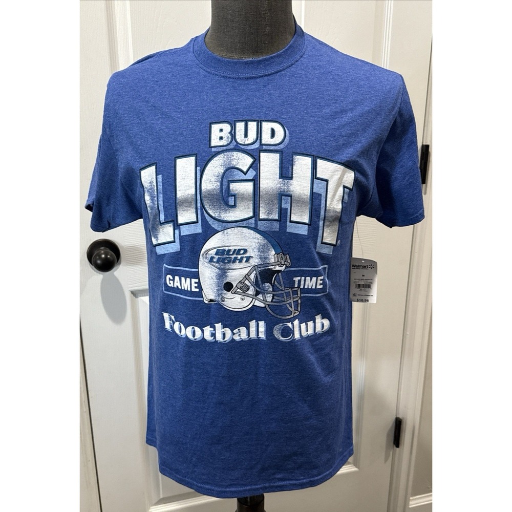 Blue Bud Light Beer Game Time Football Club T-Shirt 82 - New w Tags -Size Small